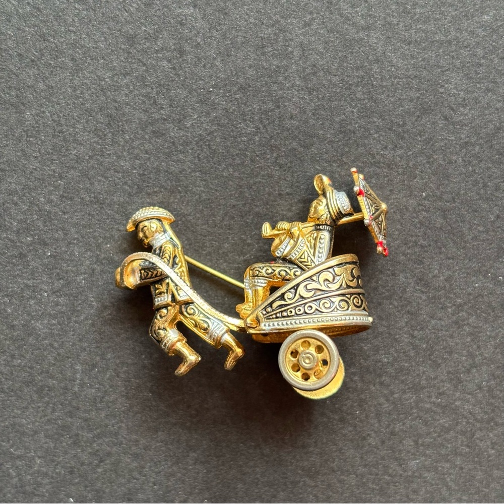 Damascene Rickshaw Chariot Brooch | Gold & Silver Toledoware
